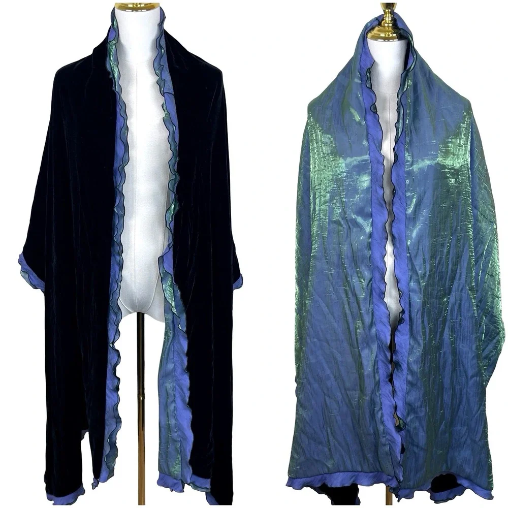 Vintage Velvet Iridescent Ruffle Wrap Shawl Women Black Blue Green Metallic Trim